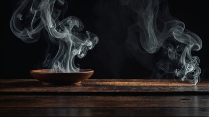Fototapeta premium Rising smoke over dark wooden table display