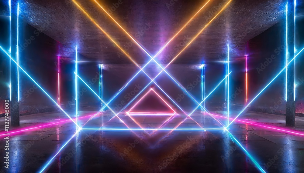 Poster abstract neon light geometric background: a captivating display of glowing neon lines creating an em