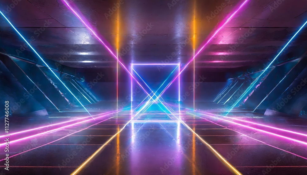 Poster abstract neon light geometric background featuring glowing neon lines and an empty futuristic stage 