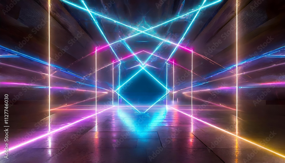 Poster abstract neon light geometric background: a stunning display of glowing neon lines creating an empty