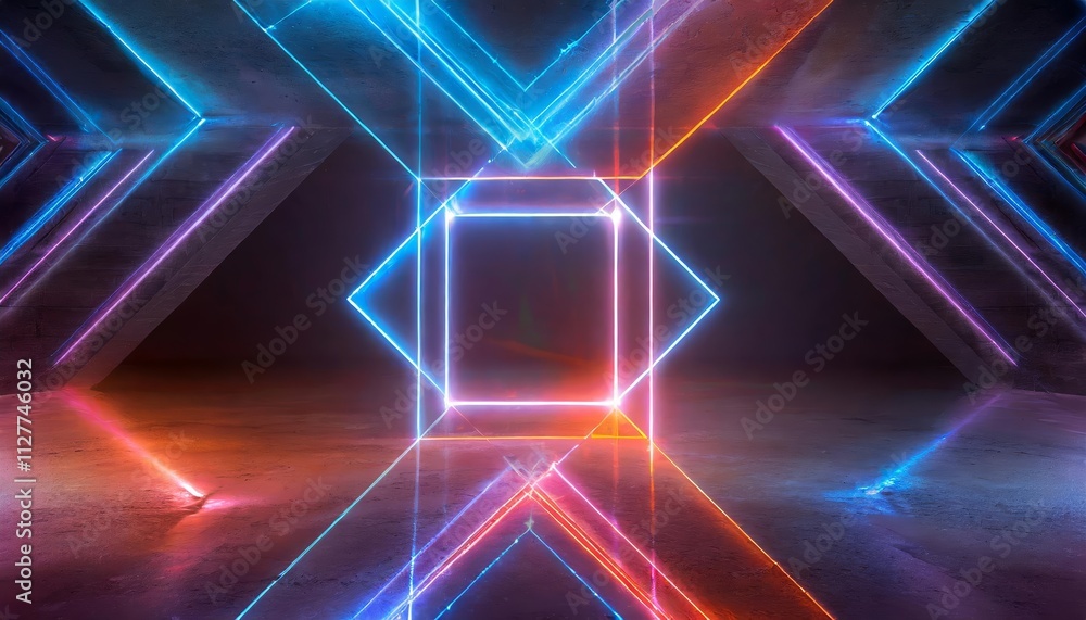 Poster abstract neon light geometric background: a stunning display of glowing neon lines and an empty futu