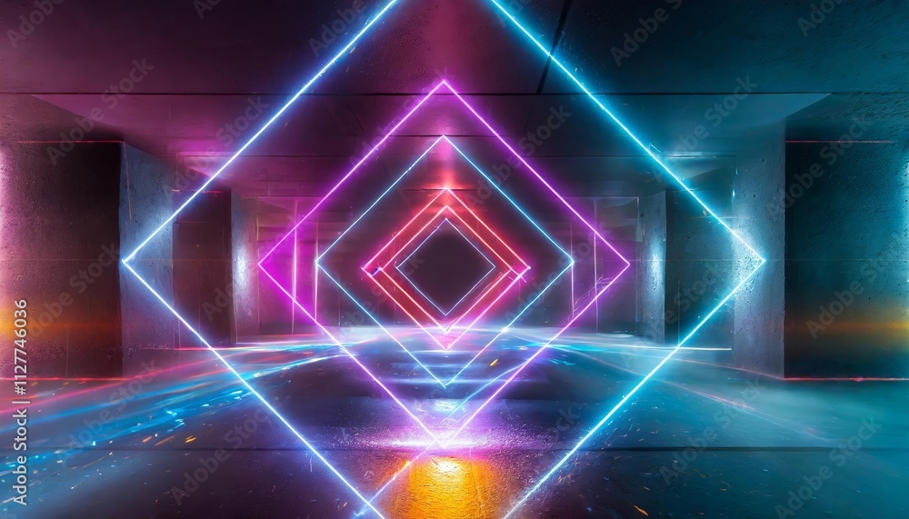 Poster abstract neon light geometric background featuring glowing neon lines and an empty futuristic stage 