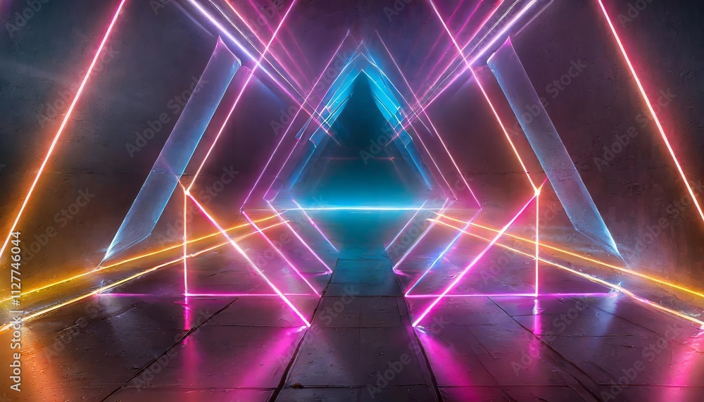 Poster abstract neon light geometric background featuring glowing neon lines and an empty futuristic stage 