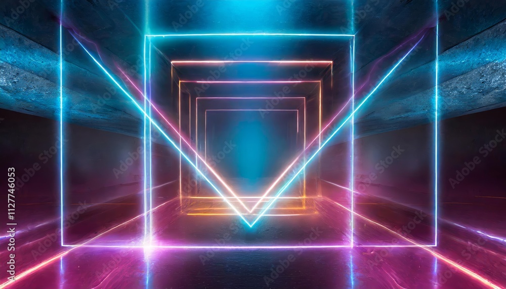 Poster futuristic abstract neon light geometric background with glowing neon lines and an empty stage for l