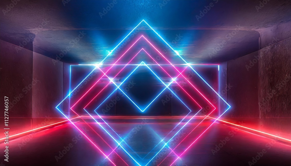 Poster abstract neon light geometric background: a stunning visual of glowing neon lines and an empty futur