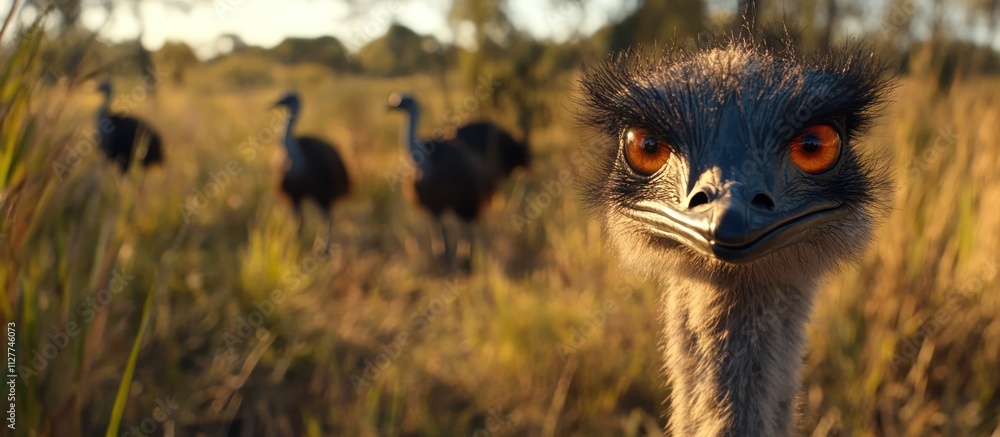 Poster Close-up of emu with others blurred in background.