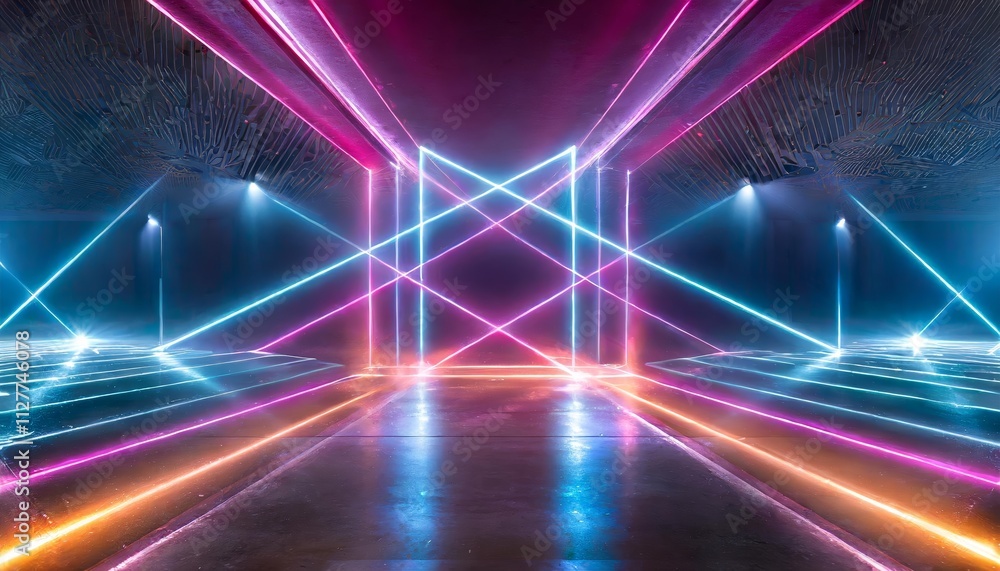 Poster abstract neon light geometric background: a stunning display of glowing neon lines and an empty futu