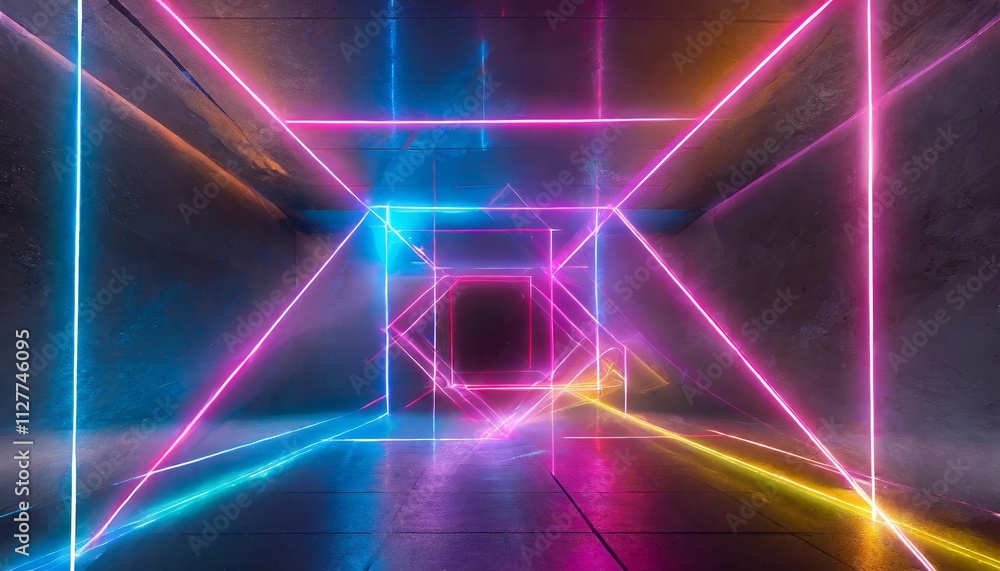 Poster abstract neon light geometric background: a stunning display of glowing neon lines creating an empty