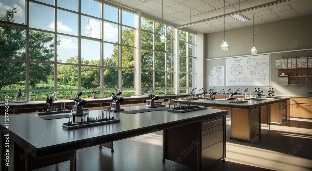 Leinwandbilder sunlit science lab with microscopes and large windows overlooking greenery.