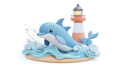 Cartoon dolphin leaping ocean waves near lighthouse.
