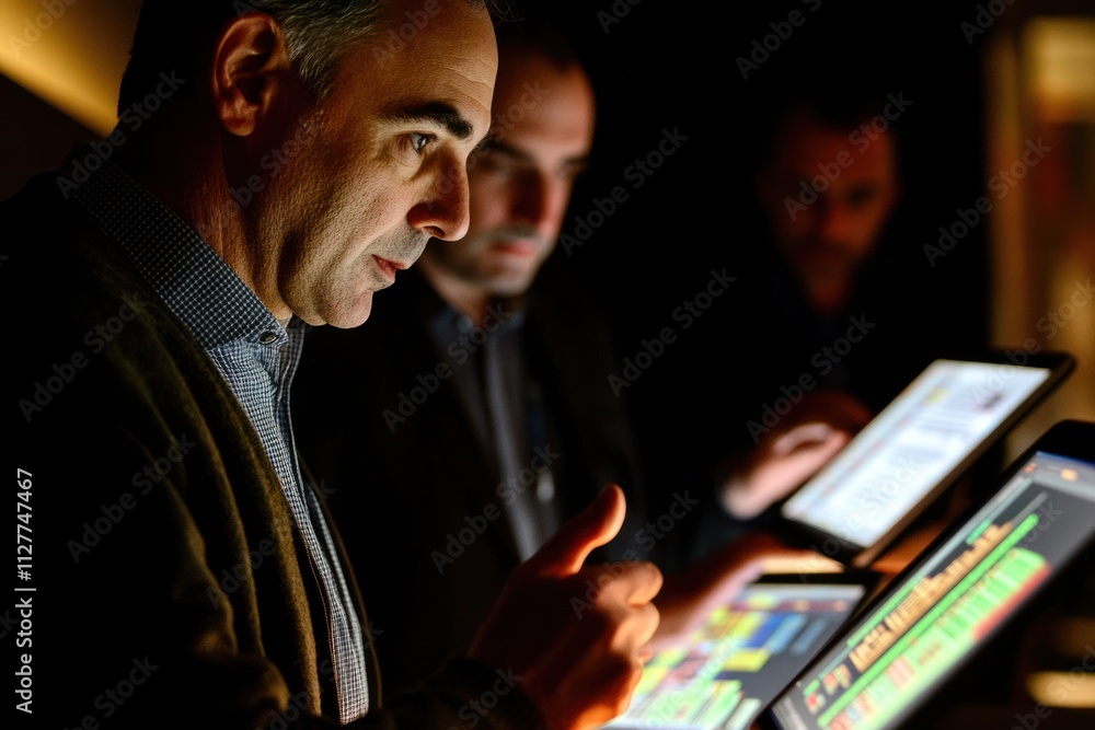 Poster Focused business team analyzing data on tablets in low light.