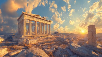 Obraz premium Ancient Greek temple ruins, sunset sky.