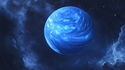 A blue planet with swirling clouds, lit by stars in a vast, dark, nebulous space. Nebulous. Illustration
