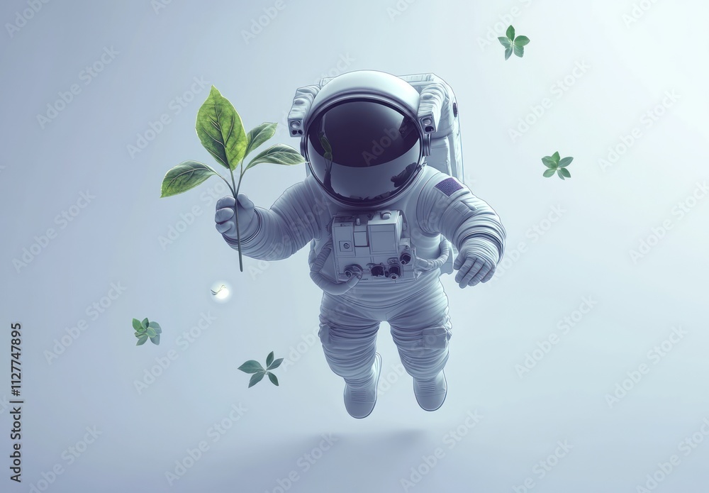 Poster astronaut floating in space holding a plant.