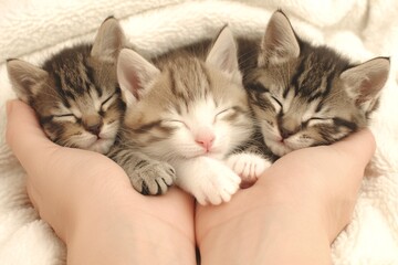 Three kittens sleeping in the palms of a man's hands. Photo realism