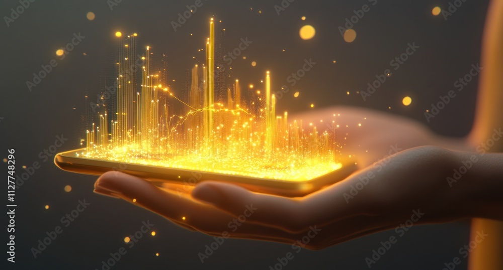 Poster Glowing golden data streams emerge from a smartphone held in a hand.
