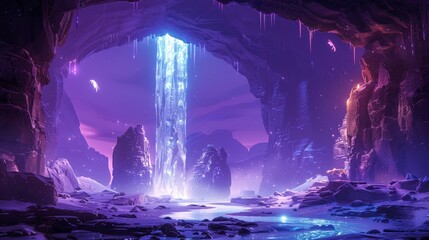Glowing waterfall in a purple cave, icy landscape.