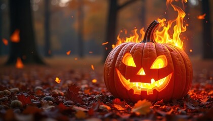 Autumnal Halloween poster design features pumpkin with spooky carved face burning bright orange flames. Pumpkin sits in fallen autumn leaves creating spooky atmosphere for Halloween party flyer.