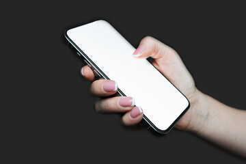 mock up phone in woman hand showing white screen