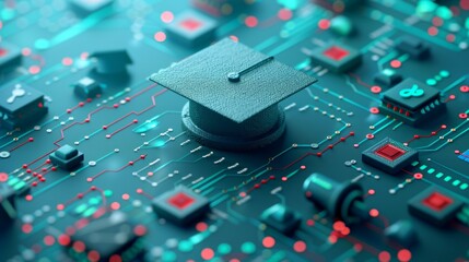 Graduation cap on a circuit board, symbolizing online education and technology.