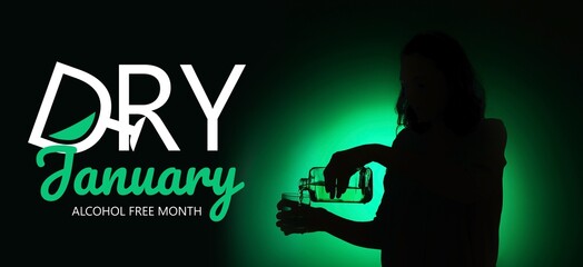 Silhouette of woman with alcohol on color background. Banner for Dry January