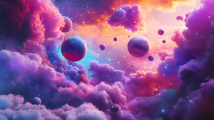 A colorful cosmic scene featuring various planets set against a dreamy, nebulous background filled with stars. Nebulous. Illustration