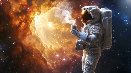 Astronaut enjoying a hot drink amidst a vibrant nebula.