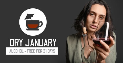 Young drunk woman on dark background. Banner for Dry January