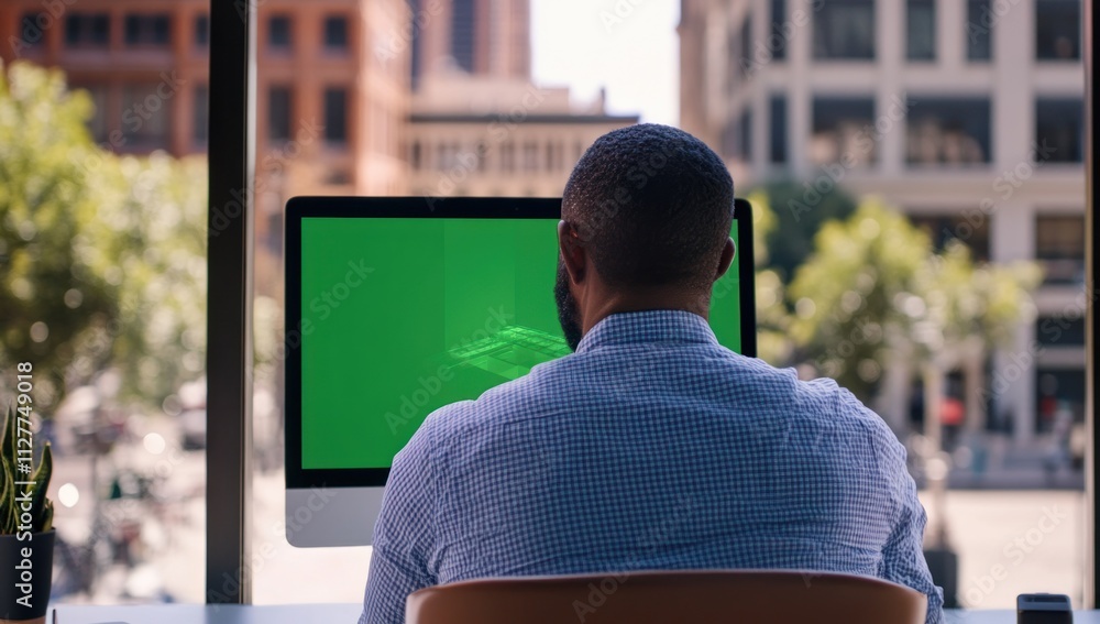 Poster man working at computer with green screen, city view.
