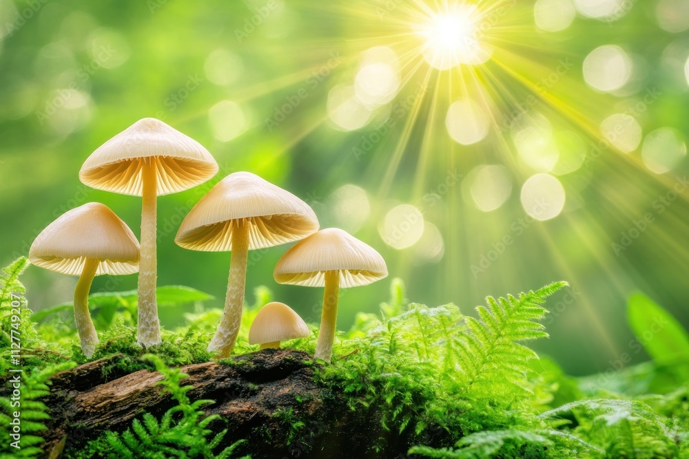 Poster sunlight illuminates a cluster of small mushrooms growing on moss-covered wood in a forest.