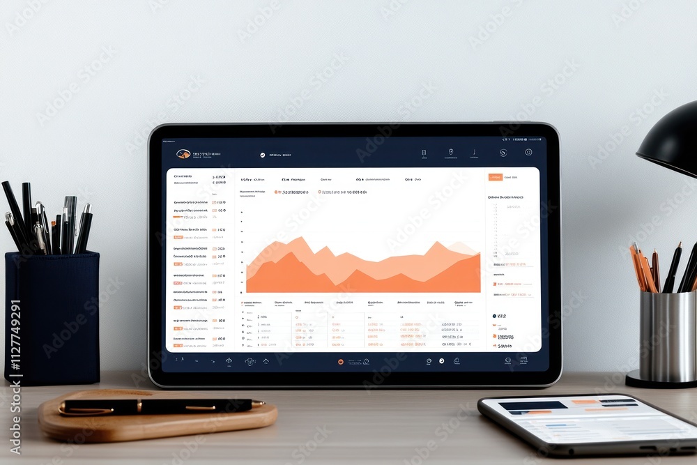 Poster Modern laptop displaying financial data graphs and charts on a clean workspace.