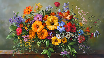A vibrant still life painting showcases a colorful bouquet of flowers in a vase, bursting with life and color.