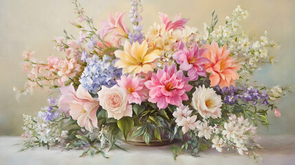 A still life painting showcases a vibrant bouquet of pink, white, and blue flowers in a vase, bathed in soft light.