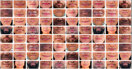 Mouth, people and composite for diversity with unity, solidarity and inclusivity with collage. Men,...