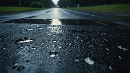 Rain soaked asphalt and rippling water puddle