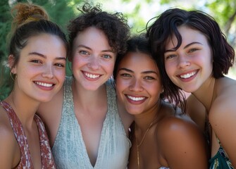 Obraz premium A group of women stands together, each with a soft smile that reflects empathy and the strength of their friendship.