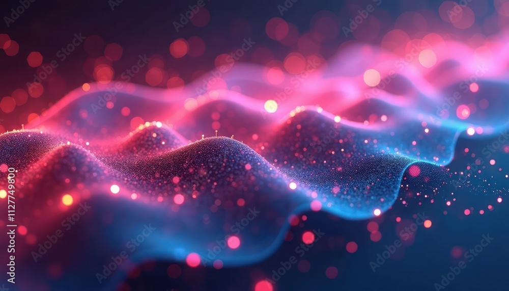 Poster abstract digital tech background shows dynamic wave patterns. colorful glowing particles form flowin
