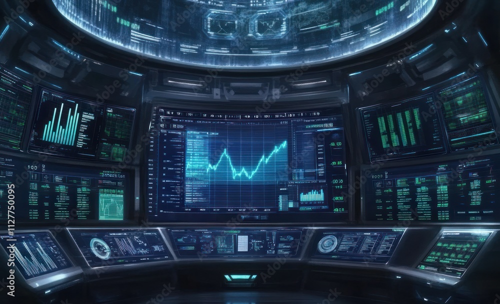 Poster Futuristic control room with multiple screens displaying financial data and graphs.