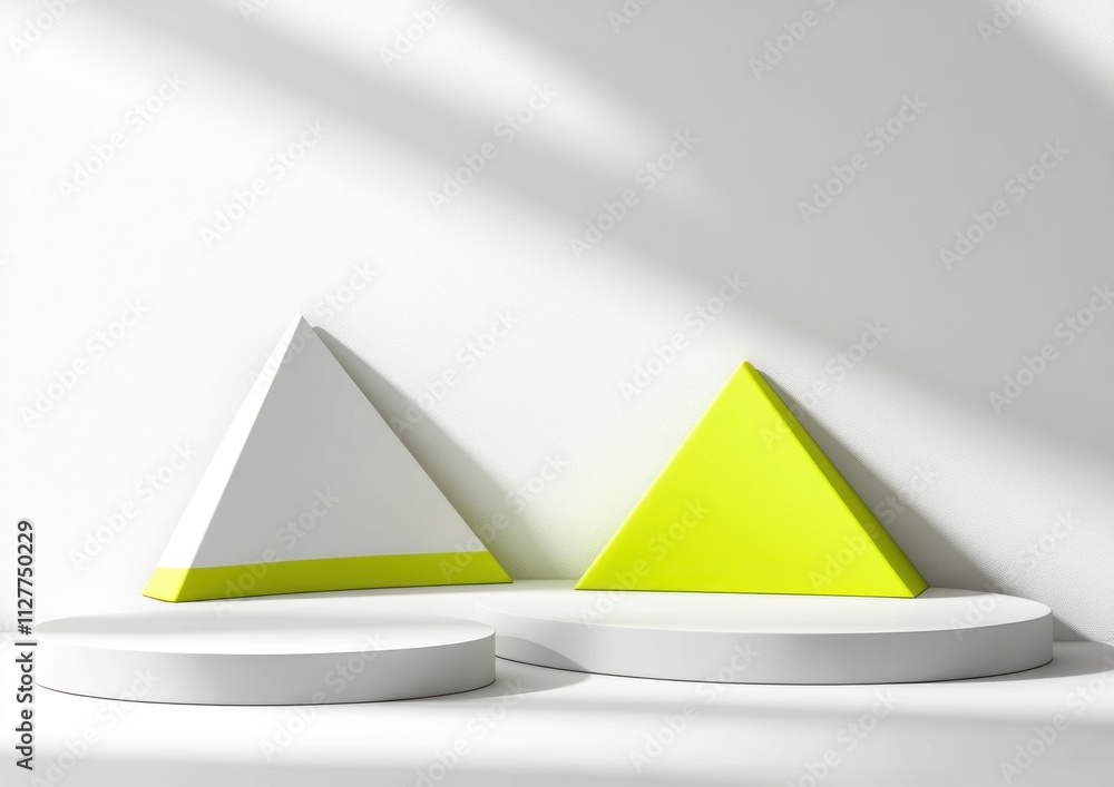 Poster Minimalist geometric display with white and lime green pyramids on white platforms against a white wall with sunlight shadows.