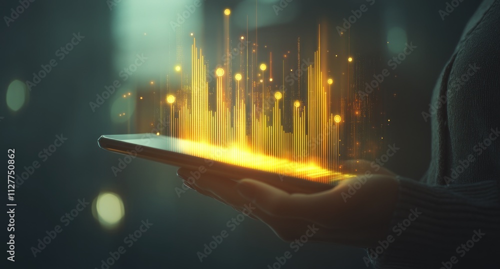 Poster glowing data graph visualized on a tablet.