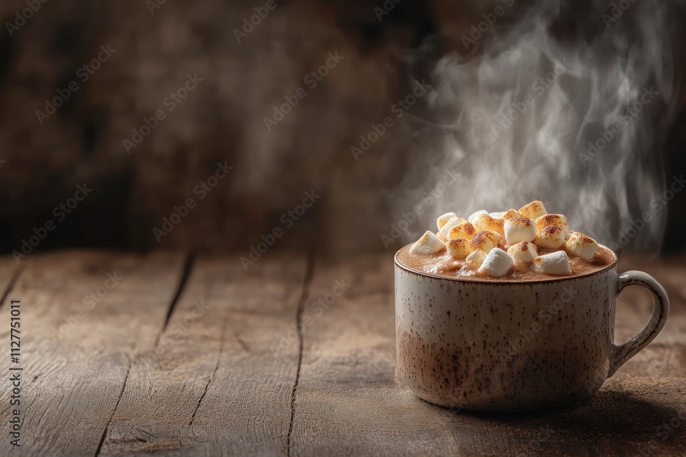 Poster steaming mug of hot chocolate topped with toasted marshmallows on rustic wood.