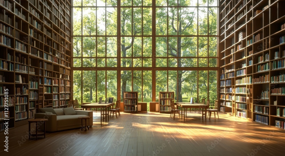 Poster Sunlit library with large windows overlooking a tranquil forest.