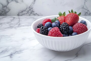 berries - raspberries , blueberries , blackberries , strawberries. Fresh summer berries in a white...