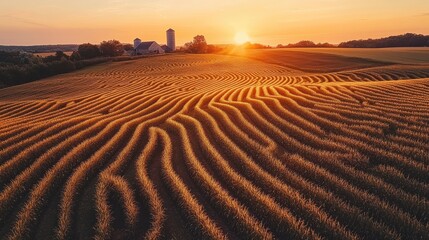 Naklejka premium A high angle view of a meticulously designed corn maze at sunset, its golden stalks glowing in the warm light, with a distant farmhouse and silos visible in the background