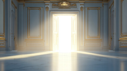 An open door with light shining through, in the center of an empty room with white marble floors and gold trim on the walls