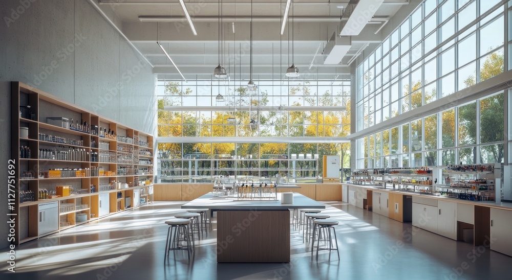 Poster bright, spacious science lab with large windows, wooden counters, and ample storage.