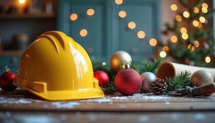 Construction tools, Christmas decorations. Yellow hard hat sits among festive ornaments, evergreen branches. Christmas tree lights softly glow in background. Holiday spirit blends with construction