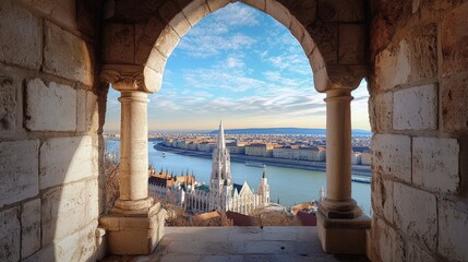 Obraz premium Stone archway, cityscape view, Matthias Church, Danube River.