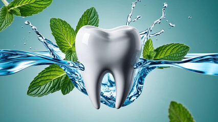 Bright white human tooth in water or liquid. Dental Health Concept. 