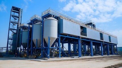 Obraz premium A large industrial plant with many tanks and pipes. The image is a 3D rendering of the plant